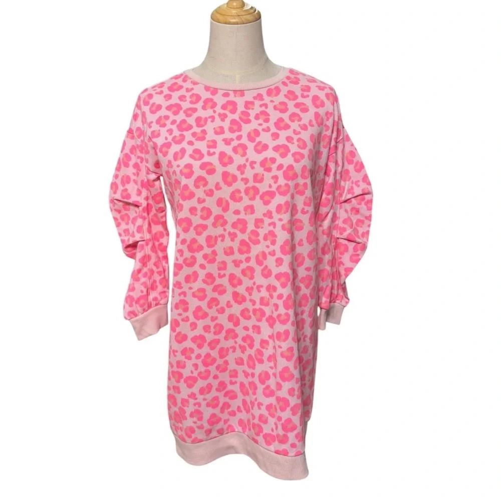 Cabana by Crown & Ivy Pink Leopard Print Sweatshirt Dress Women’s Large NWT - Picture 1 of 10